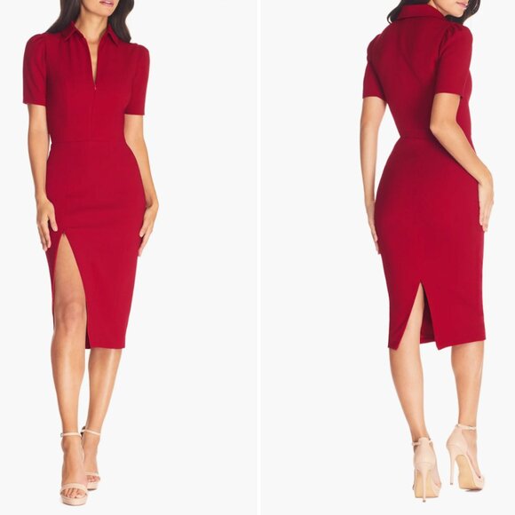 NWT - Dress the Population - Gloria Front Zip Sheath Dress Garnet Red - Large - Picture 1 of 7